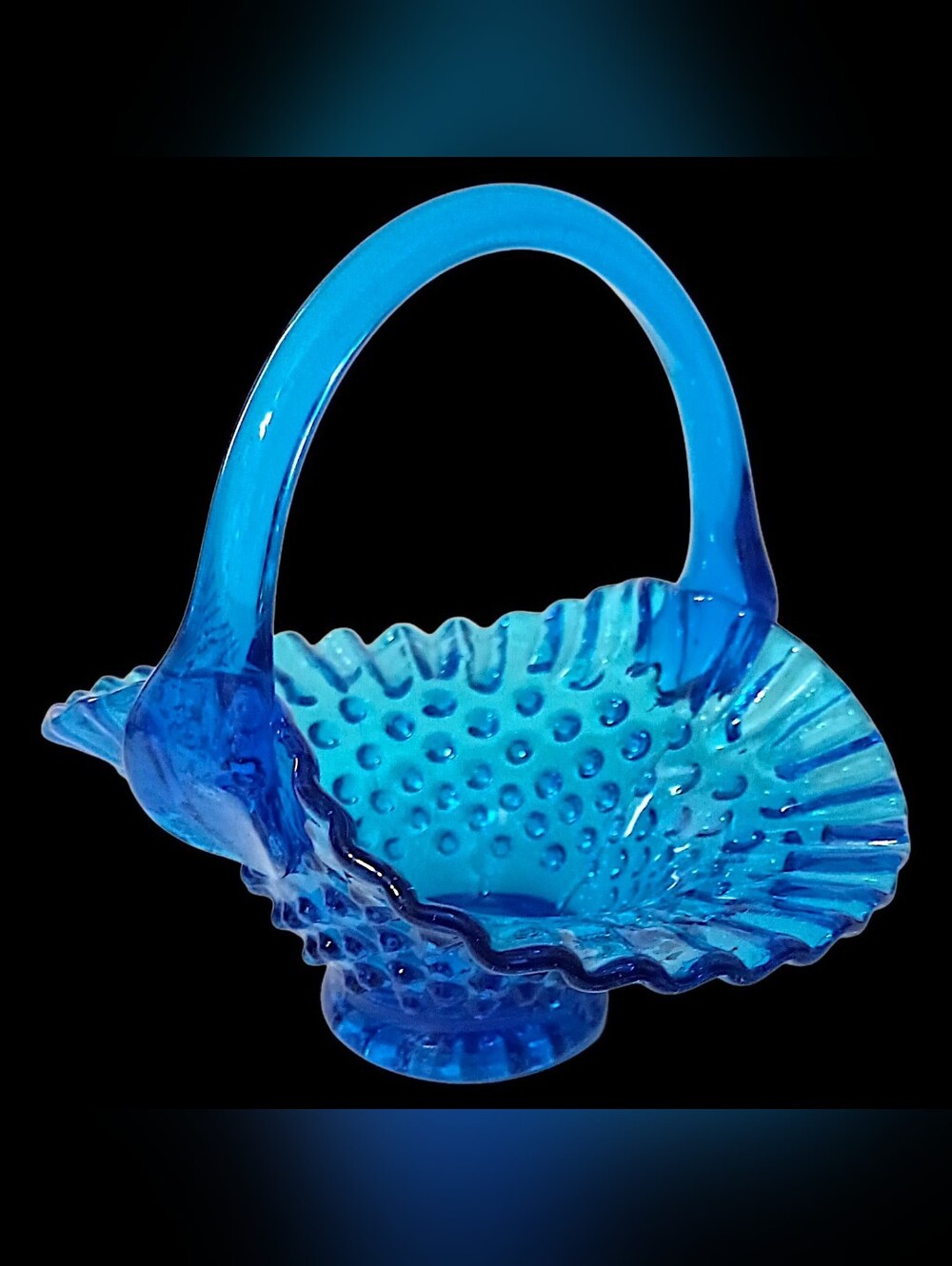 Vintage Blue Hobnail Art Glass Brides Basket Italy Applied Handle Cobalt Ruffled